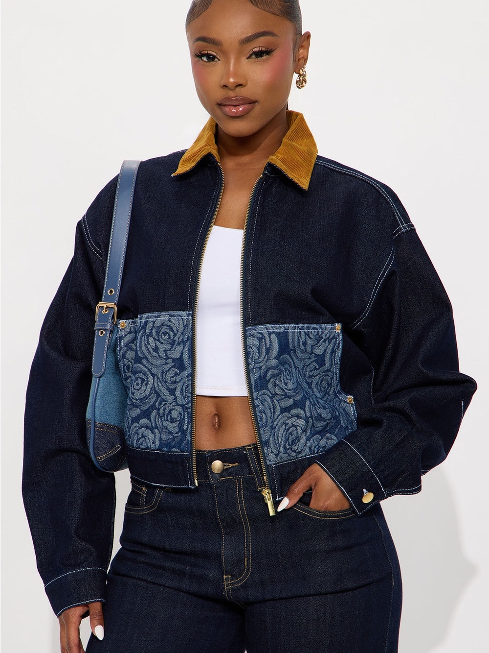 Fashion Nova Dark Blue Denim Jean Jacket with Tan Corduroy Collar